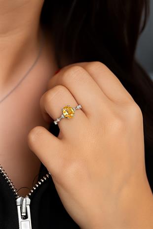 925 Ayar Gümüş Sitrin Oval Taşlı Vintage Yüzük