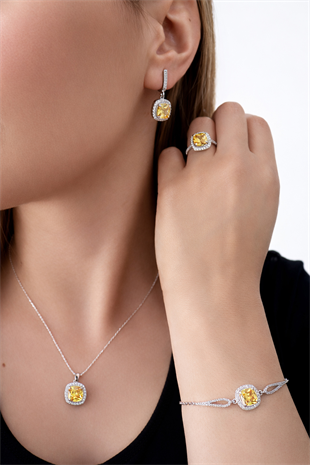 925 Ayar Gümüş Sitrin Taşlı Takı Seti