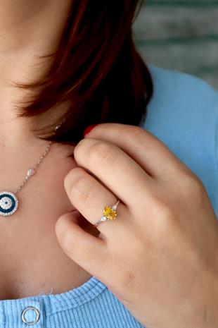 925 Ayar Gümüş Sitrin Taşlı Vintage Yüzük