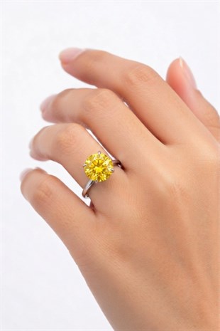 925 Ayar Gümüş Sitrin Yuvarlak Tek Taş Yüzük