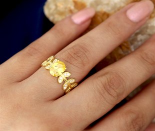 925 Ayar Gümüş Sitrin Yaprak Detaylı Yüzük