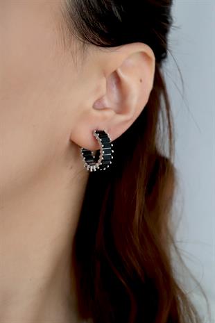 925 Ayar Gümüş Siyah Baget Taşlı Halka Küpe