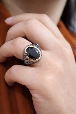 925 Ayar Gümüş Siyah Onix Oval Taşlı Otantik Yüzük
