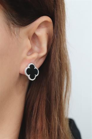 925 Ayar Gümüş Siyah Onix Taşlı Yonca Küpe