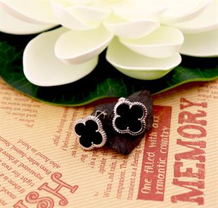 925 Ayar Gümüş Siyah Onix Taşlı Yonca Küpe