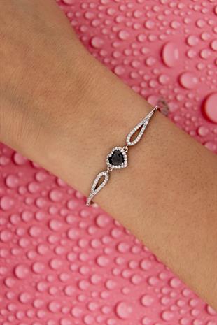 925 Ayar Gümüş Siyah Taşlı Kalp Bileklik