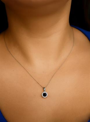 925 Ayar Gümüş Siyah Yuvarlak Anturaj  Kolye