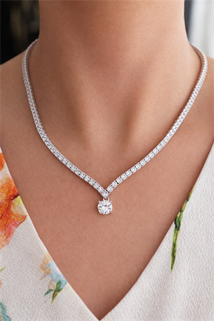 925 Ayar Gümüş Su Yolu Choker Büyük Tektaş Gelin Kolye