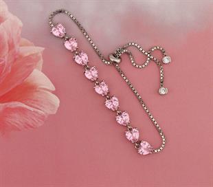 925 Ayar Gümüş Su Yolu Pembe Taşlı Asansörlü Kalp Bileklik