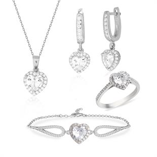 925 Ayar Gümüş Swarovski Beyaz Kalp Takı Seti