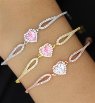 925 Ayar Gümüş Swarovski Pembe Kalp Bileklik