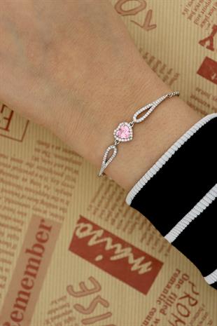 925 Ayar Gümüş Swarovski Pembe Kalp Bileklik