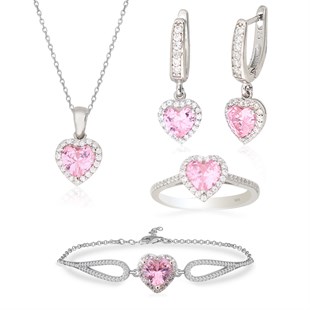 925 Ayar Gümüş Swarovski Pembe Kalp Takı Seti
