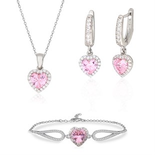 925 Ayar Gümüş Swarovski Pembe Kalp Takı Seti