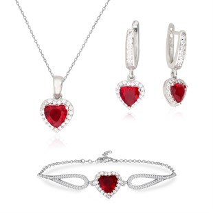 925 Ayar Gümüş Swarovski Kırmızı Kalp Takı Seti