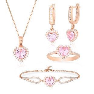 925 Ayar Gümüş Swarovski Rose Gold Kalp Takı Seti