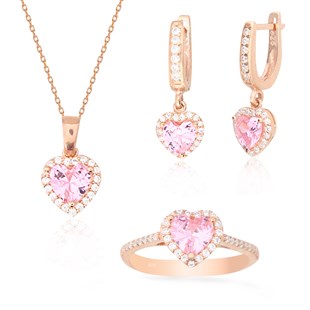 925 Ayar Gümüş Swarovski Rose Gold Kalp Takı Seti