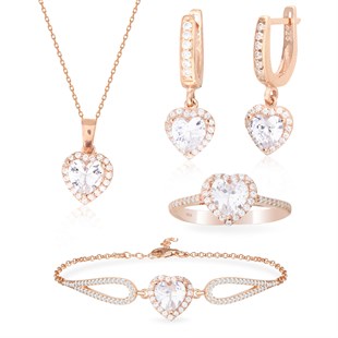 925 Ayar Gümüş Swarovski Rose Gold Kalp Takı Seti