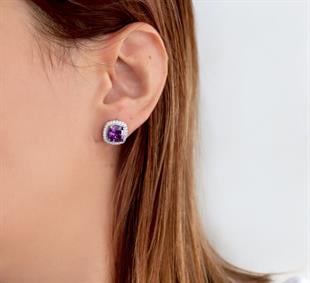 925 Ayar Gümüş Swarovski Taşlı Pırlanta Montür Ametist Taşlı Küpe