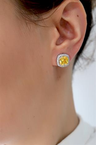 925 Ayar Gümüş Swarovski Taşlı Pırlanta Montür Sitrin Taşlı Küpe