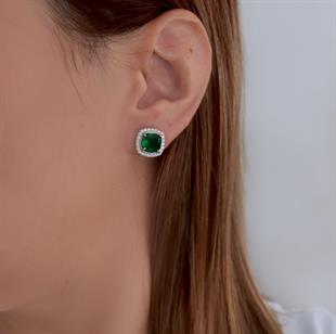 925 Ayar Gümüş Swarovski Taşlı Pırlanta Montür Zümrüt Taşlı Küpe