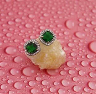 925 Ayar Gümüş Swarovski Taşlı Pırlanta Montür Zümrüt Taşlı Küpe