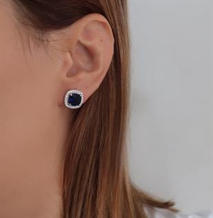 925 Ayar Gümüş Swarovski Taşlı Pırlanta Montür Safir Taşlı Küpe