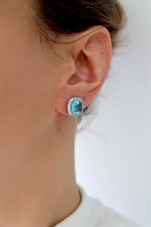 925 Ayar Gümüş Swarovski Taşlı Pırlanta Montür Aqua Taşlı Küpe
