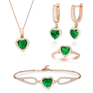 925 Ayar Gümüş Swarovski Zümrüt Kalp Takı Seti