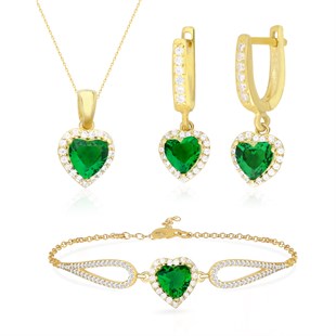 925 Ayar Gümüş Swarovski Zümrüt Kalp Takı Seti