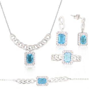 925 Ayar Gümüş Turkuaz Baget Takı Seti Zincir Detay