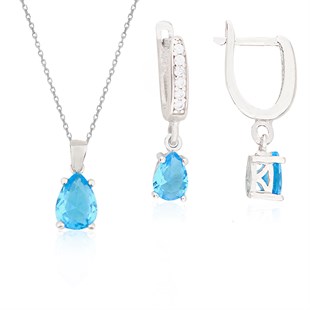 925 Ayar Gümüş Turkuaz Damla Taş Takı Seti