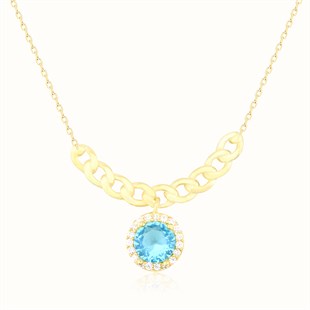 925 Ayar Gümüş Turkuaz Taş Takı Seti Altın Kaplama Zincir Detay