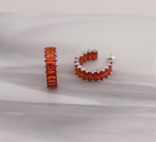 925 Ayar Gümüş Turuncu Baget Taşlı Halka Küpe