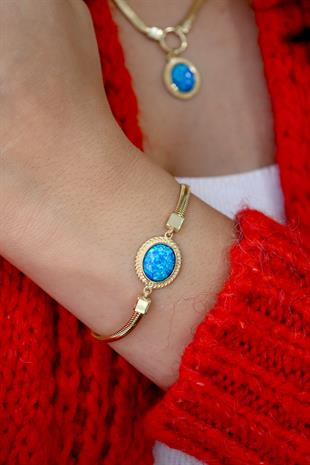 925 Ayar Gümüş Vintage Mavi Opal Taşlı Bileklik