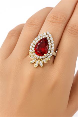 925 Ayar Gümüş Yakut Kırmızısı Damla Taşlı Otantik Yüzük