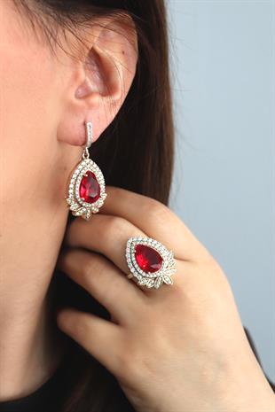 925 Ayar Gümüş Yakut Kırmızısı Damla Taşlı Otantik Yüzük