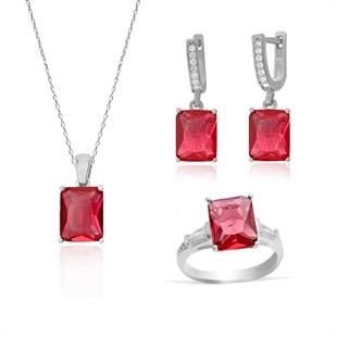 925 Ayar Gümüş Yakut Kırmızısı Baget Takı Seti