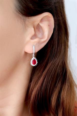 925 Ayar Gümüş Yakut Kırmızısı Damla Taşlı Anturaj Küpe