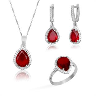 925 Ayar Gümüş Yakut Kırmızısı Su Damlası Takı Seti