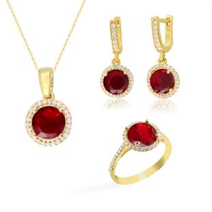 925 Ayar Gümüş Yakut Kırmızısı Yuvarlak Taşlı Takı Seti