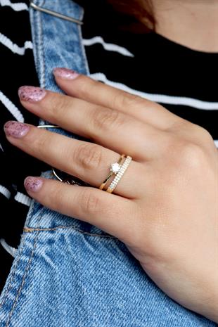 925 Ayar Gümüş Yarım Tur Alyans Tek Taş Yüzük Kombini