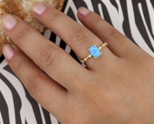 925 Ayar Gümüş Yüzük Oval Mavi Opal Taş Vintage Yüzük