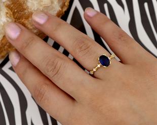 925 Ayar Gümüş Yüzük Oval Safir Vintage Yüzük