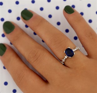 925 Ayar Gümüş Yüzük Oval Safir Vintage Yüzük
