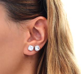 925 Ayar Gümüş Zirkon Taşlı Kare Pırlanta Montürlü Gümüş Küpe