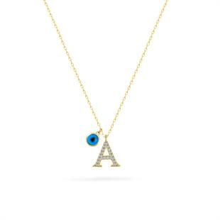 925 Ayar Gümüş Zirkon Taşlı Nazar Göz Detaylı Harf Kolye