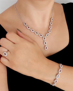 925 Ayar Gümüş Zultanit Oval Taşlı Pırlanta Montür Takı Seti