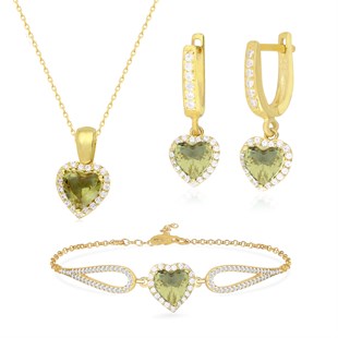 925 Ayar Gümüş Zultanit Taş Kalp Takı Seti