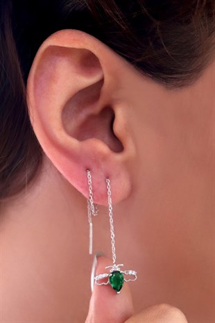 925 Ayar Gümüş Zümrüt Arı Zincir Küpe